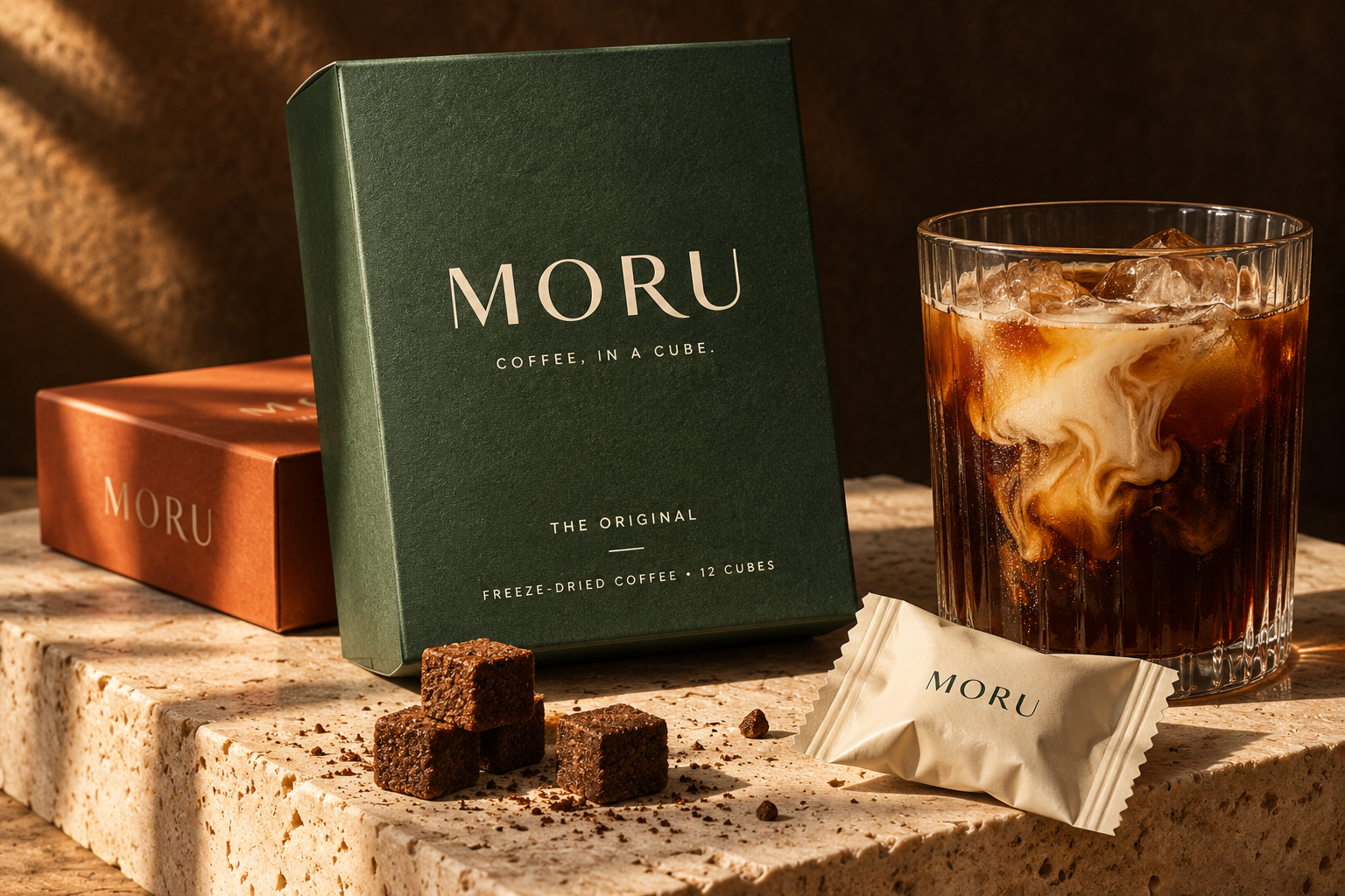 MORU green coffee box, iced coffee and coffee cubes in warm afternoon light